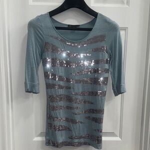 ARMANI EXCHANGE Women's Sequin Stripe Scoop Neck Top - Light Blue